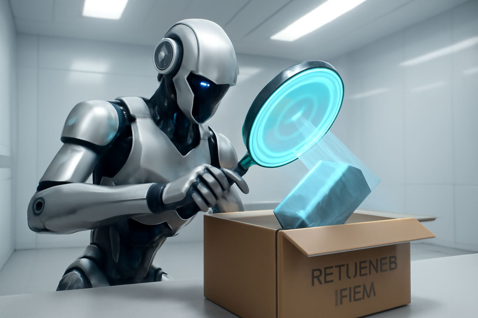 A futuristic robot working on a laptop, symbolizing AI-driven business transformation.